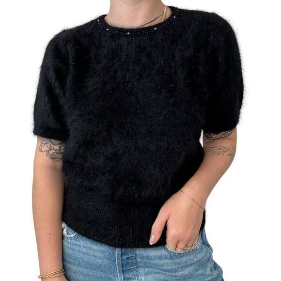 Vintage Womens Rosamela Black Angora Blend Fluffy Soft Short Sleeve Sweater Sz M - Picture 1 of 8